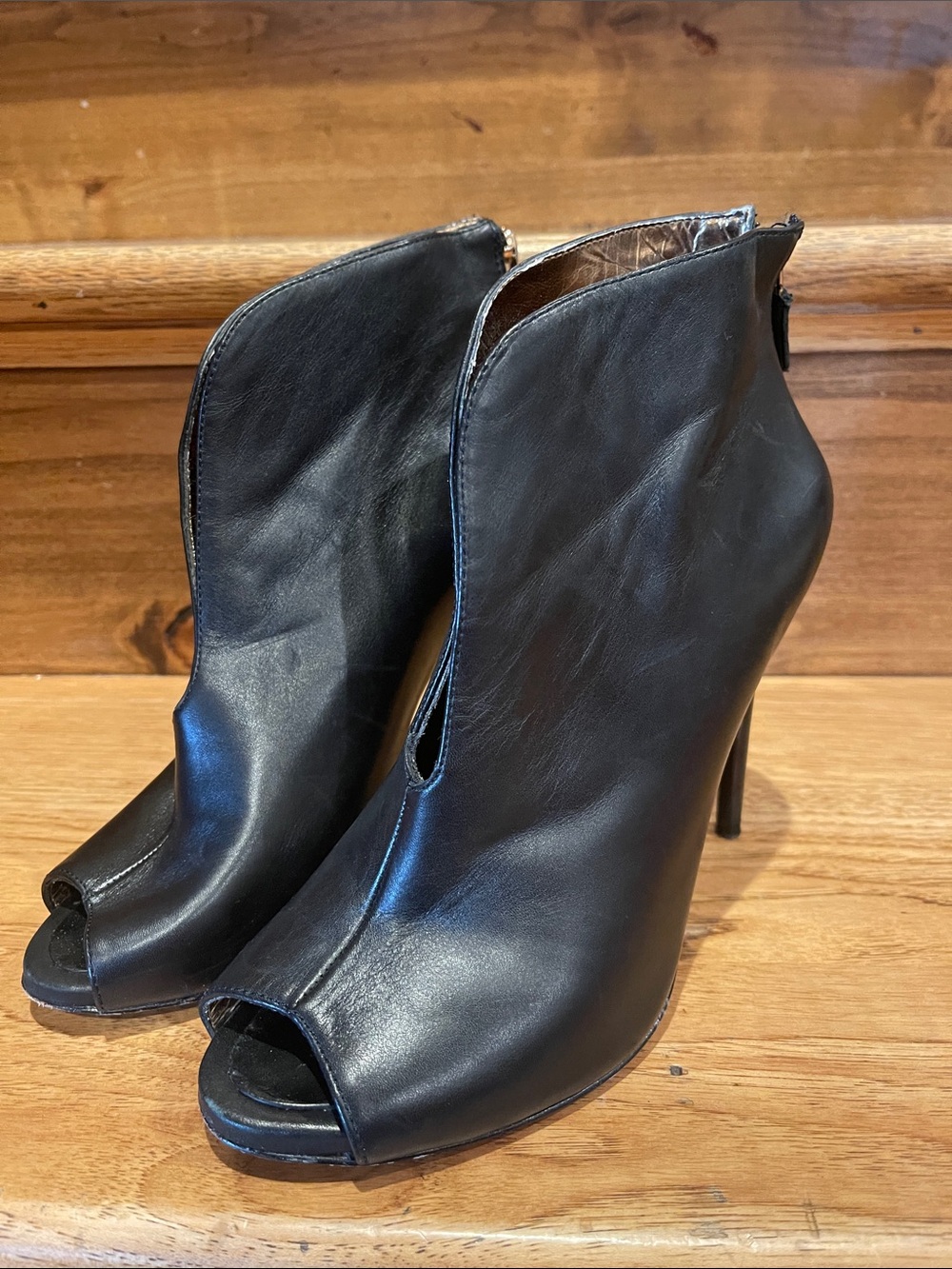 BCBGMaxAzria Black Leather Peep-Toe Ankle Booties